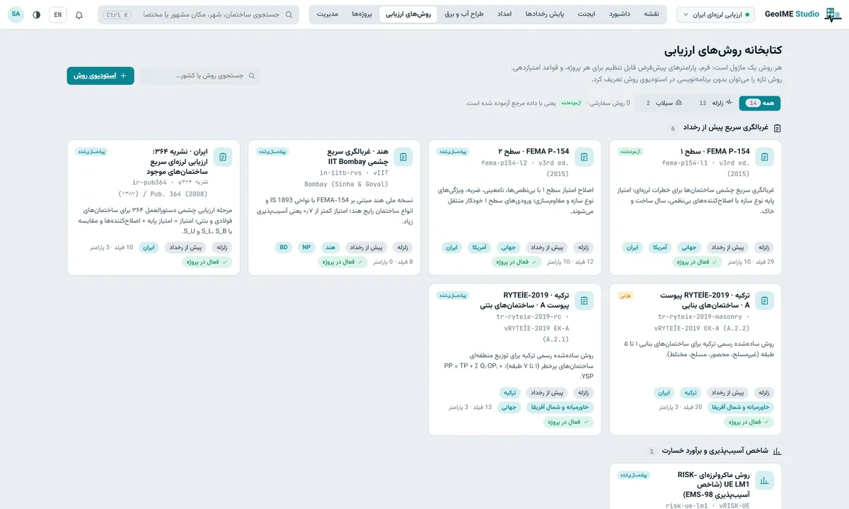 کتابخانه روش‌های ارزیابی لرزه‌ای و سیلاب در GeoIME Studio شامل FEMA P-154 و نشریه ۳۶۴