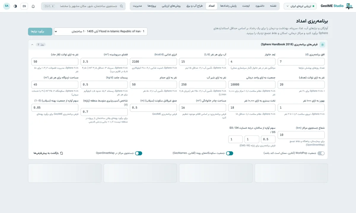برآورد نیازهای امدادی بر اساس استاندارد Sphere در GeoIME Studio