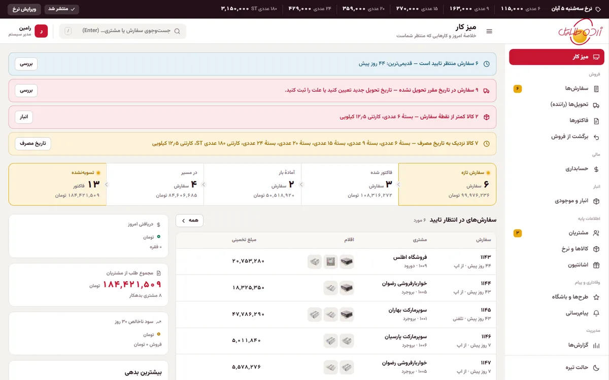 میز کار پنل پخش زرده طلایی با صف سفارش‌ها و هشدارهای تحویل